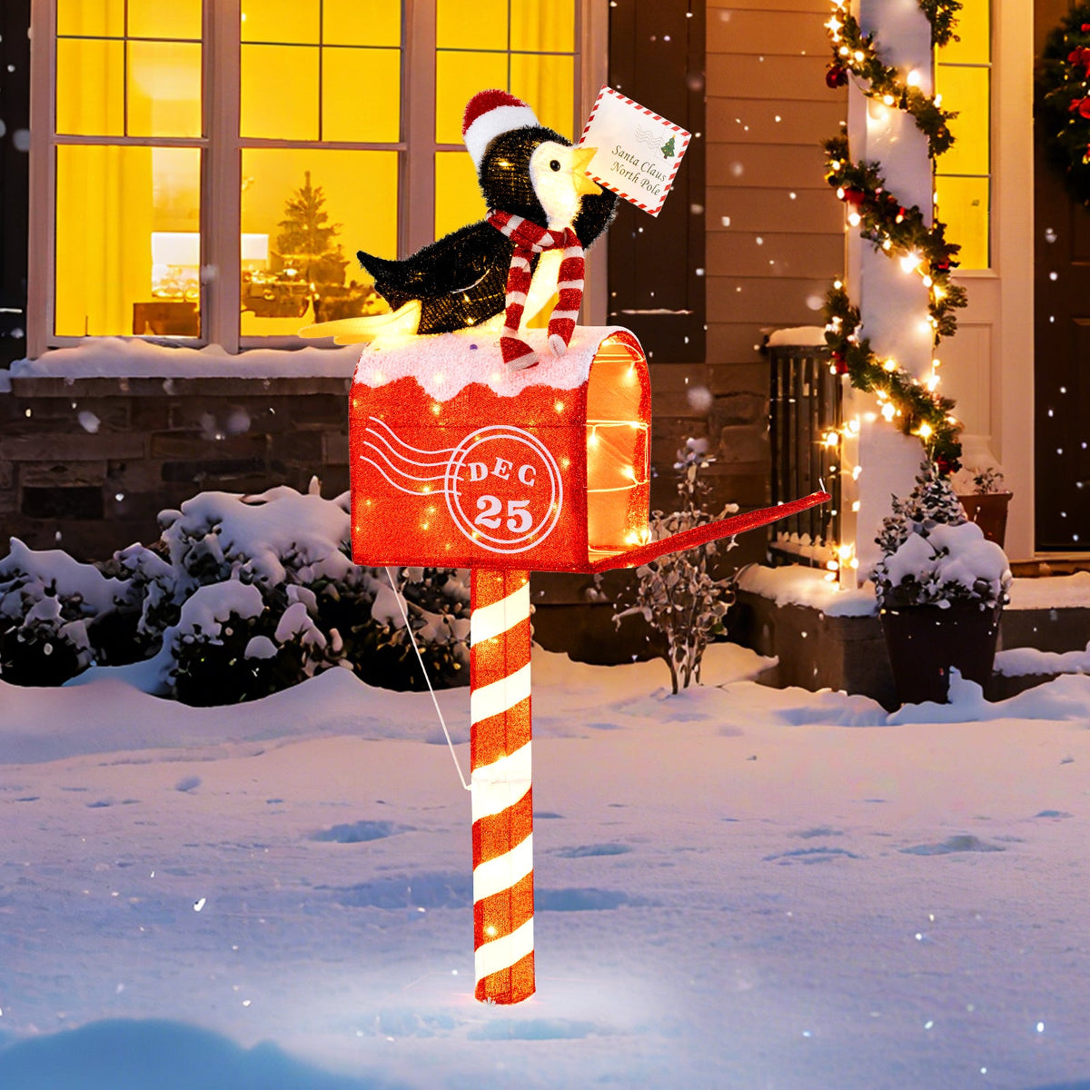 4.8 FT Christmas Lighted Penguin on Mailbox Pre-lit Xmas Decoration with 100 LED Warm White Lights