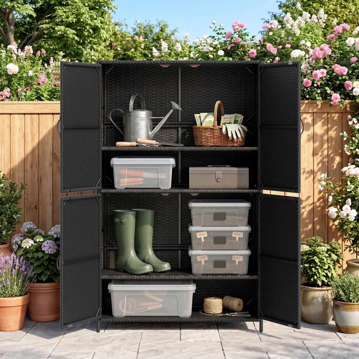 Rattan Vertical Storage Shed with Adjustable Shelves