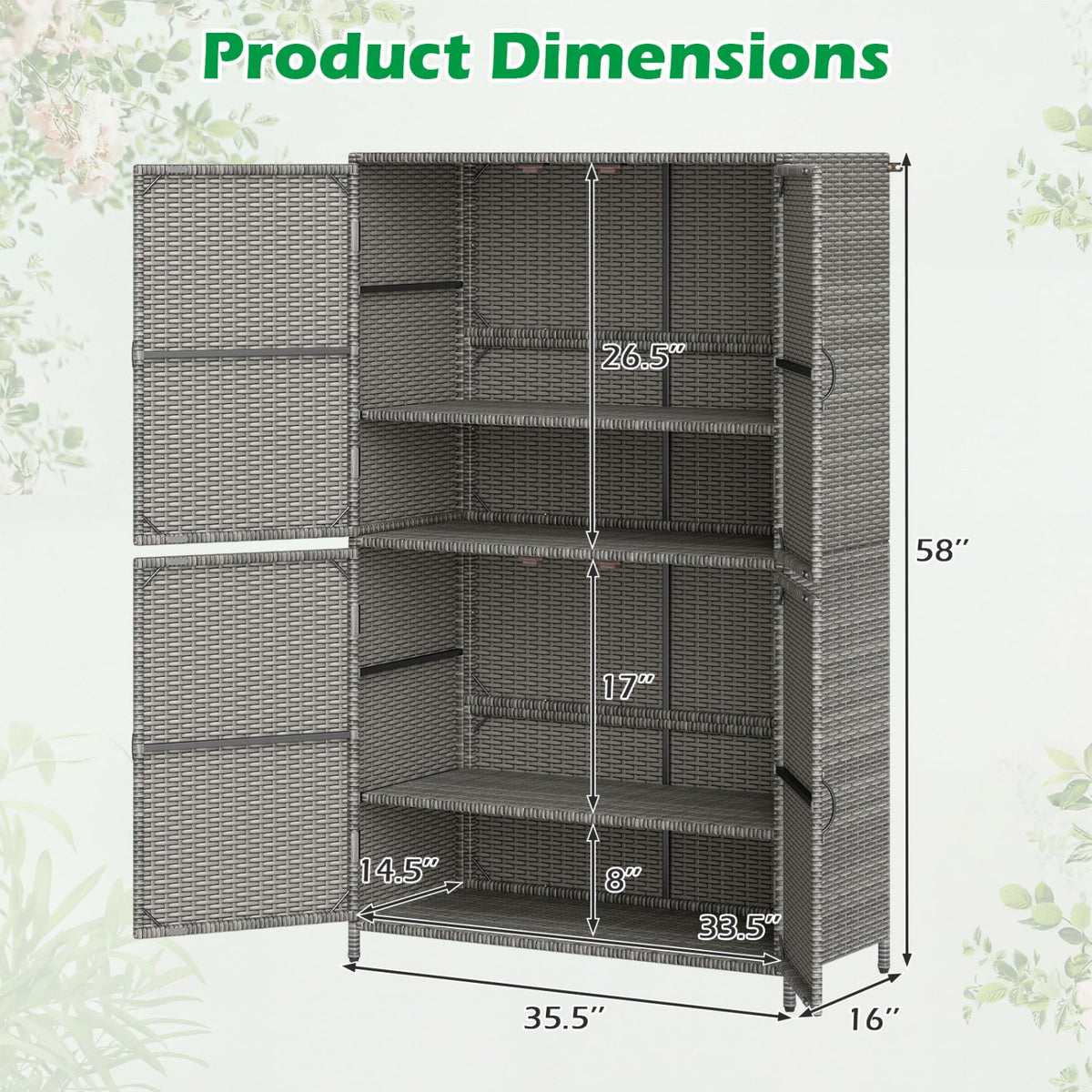 Rattan Vertical Storage Shed with Adjustable Shelves