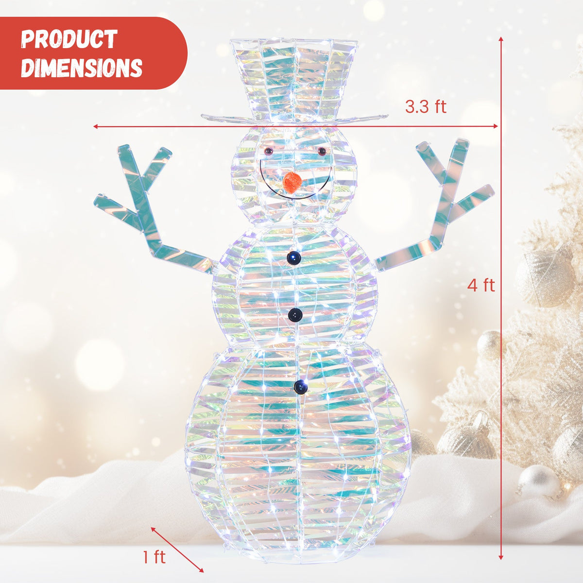 4 Feet Iridescent Christmas Snowman with White LED Lights and Ground Stakes