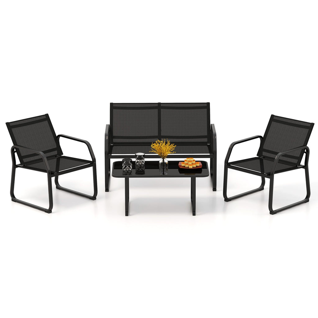 4 Pieces Patio Conversation Set with Breathable Fabric Seat and Tempered Glass Tabletop-Black