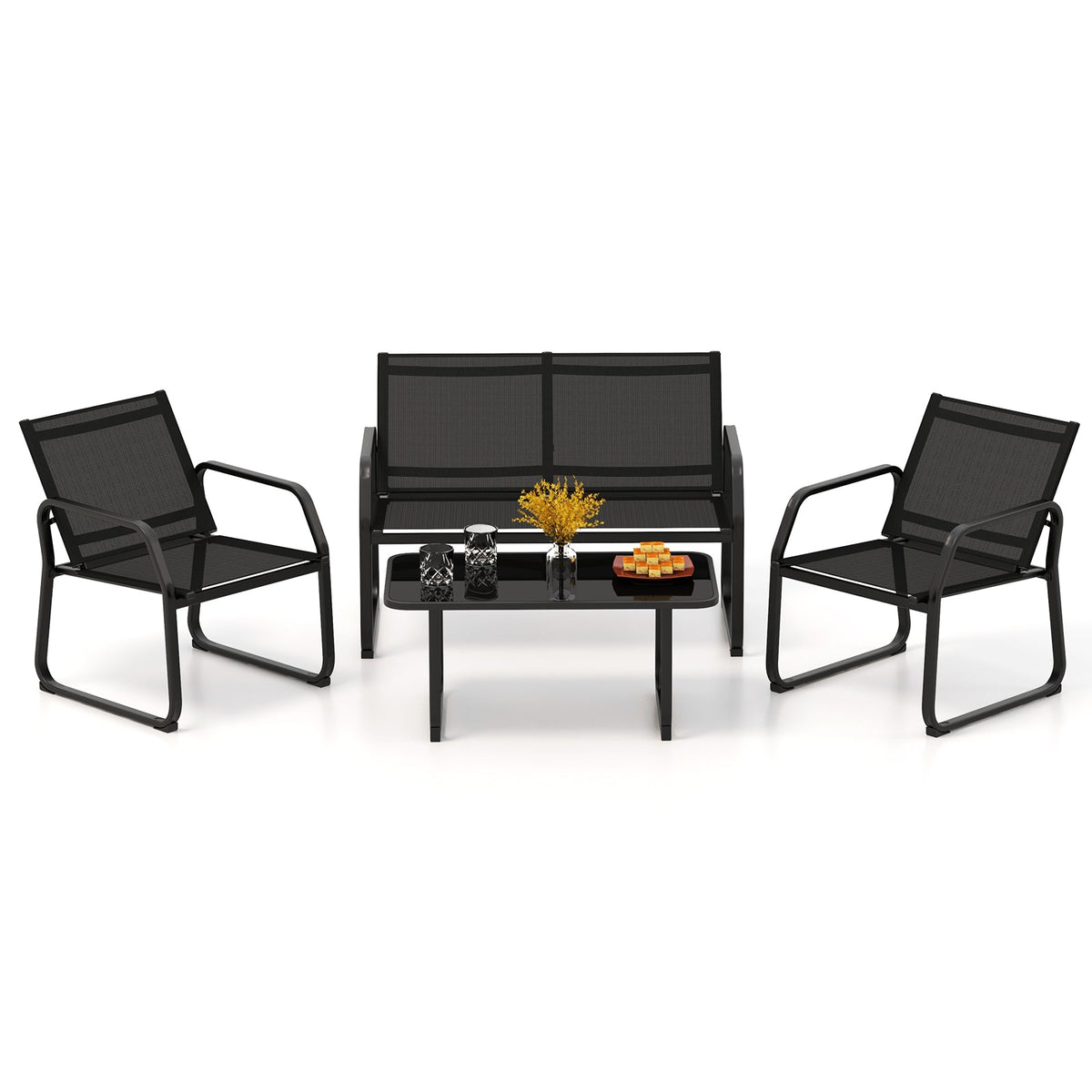 4 Pieces Patio Conversation Set with Breathable Fabric Seat and Tempered Glass Tabletop-Black