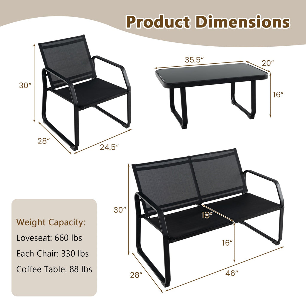 4 Pieces Patio Conversation Set with Breathable Fabric Seat and Tempered Glass Tabletop-Black