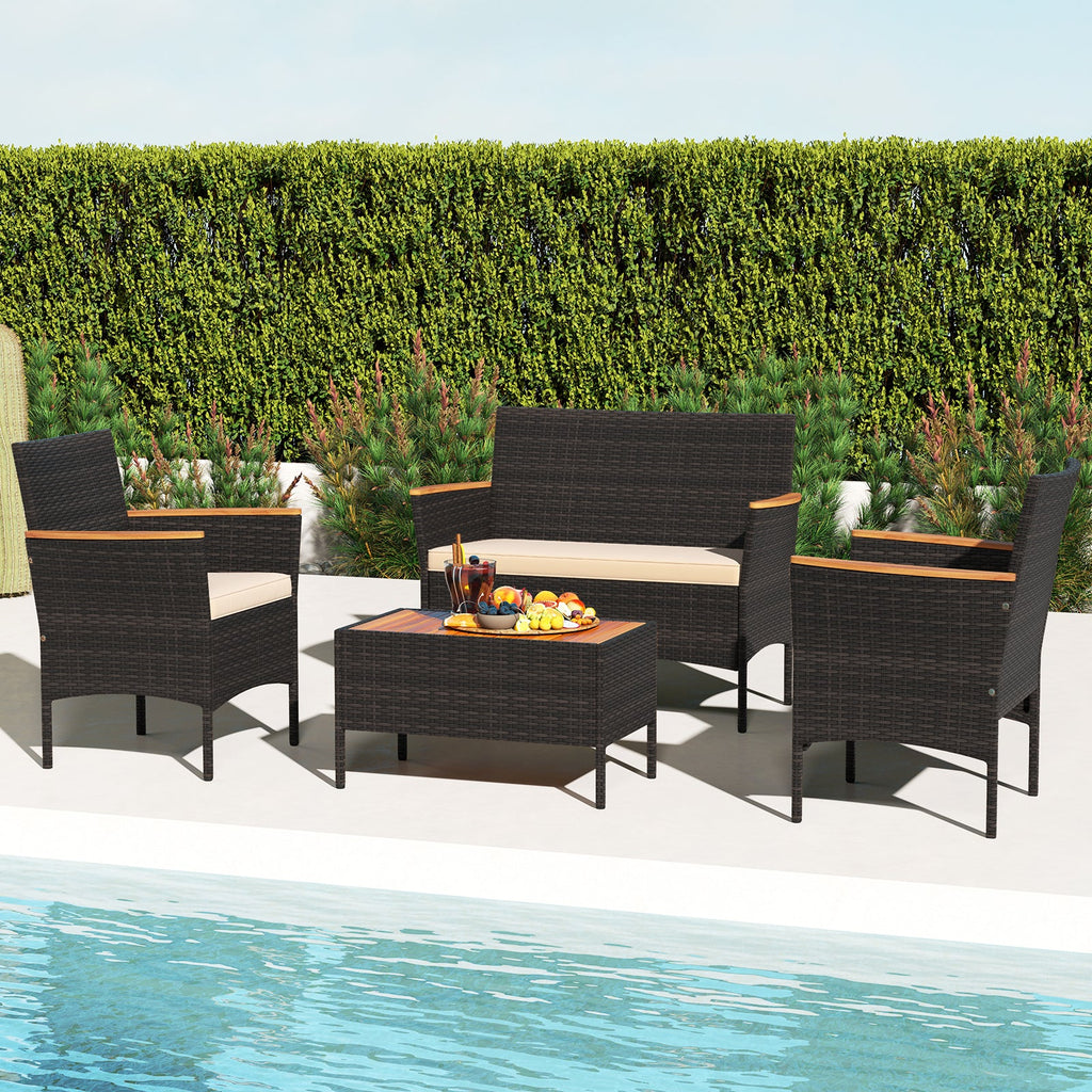 4 Piece Patio Wicker Sofa Set 2 Rattan Chairs and Loveseat with Table-Brown