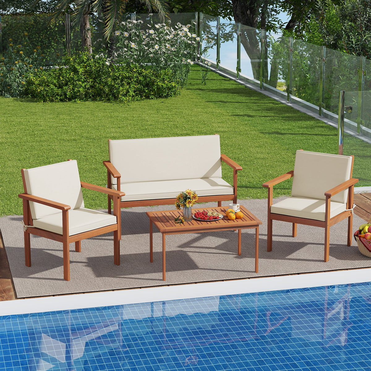 4 Pieces Patio Furniture Set Acacia Wood Porch Chairs with Table-White