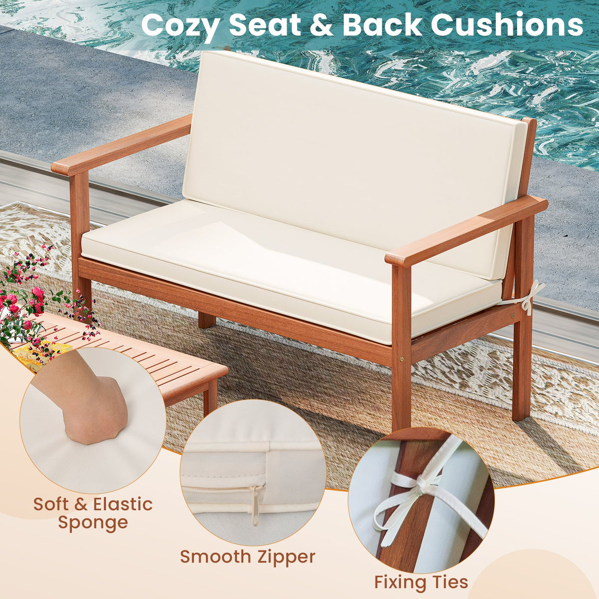 4 Pieces Patio Furniture Set Acacia Wood Porch Chairs with Table-White