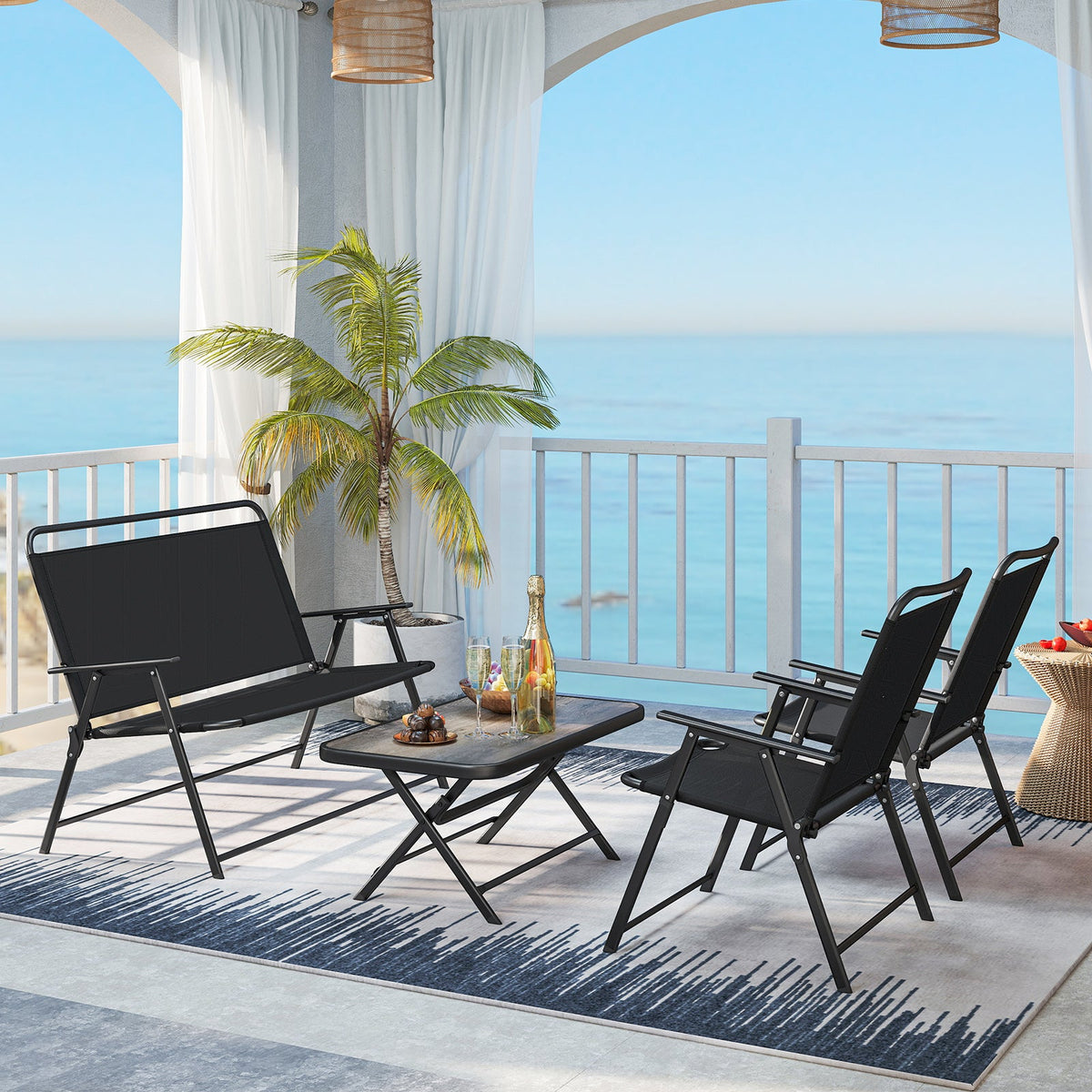4 Pieces Patio Folding Furniture Set with SPC Coffee Table and Patio Chairs-Black