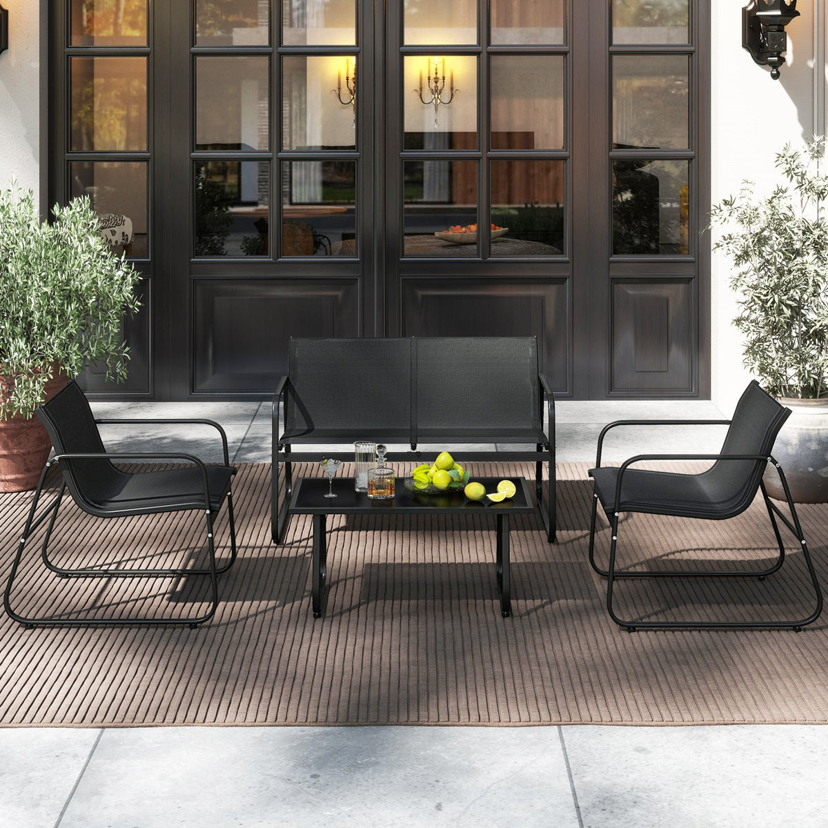 4 Pieces Patio Furniture Set Fabric Lawn Chairs and Loveseat with Glass Coffee Table