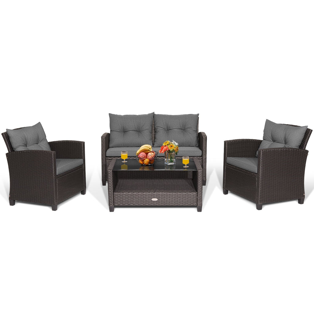 4 Pieces Patio Rattan Conversation Furniture Set with Glass Top Coffee Table-Gray
