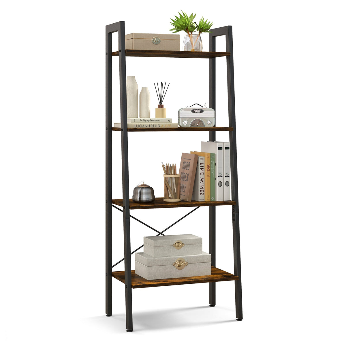 4-Tier Bookshelf with Metal Frame and Adjustable Foot Pads