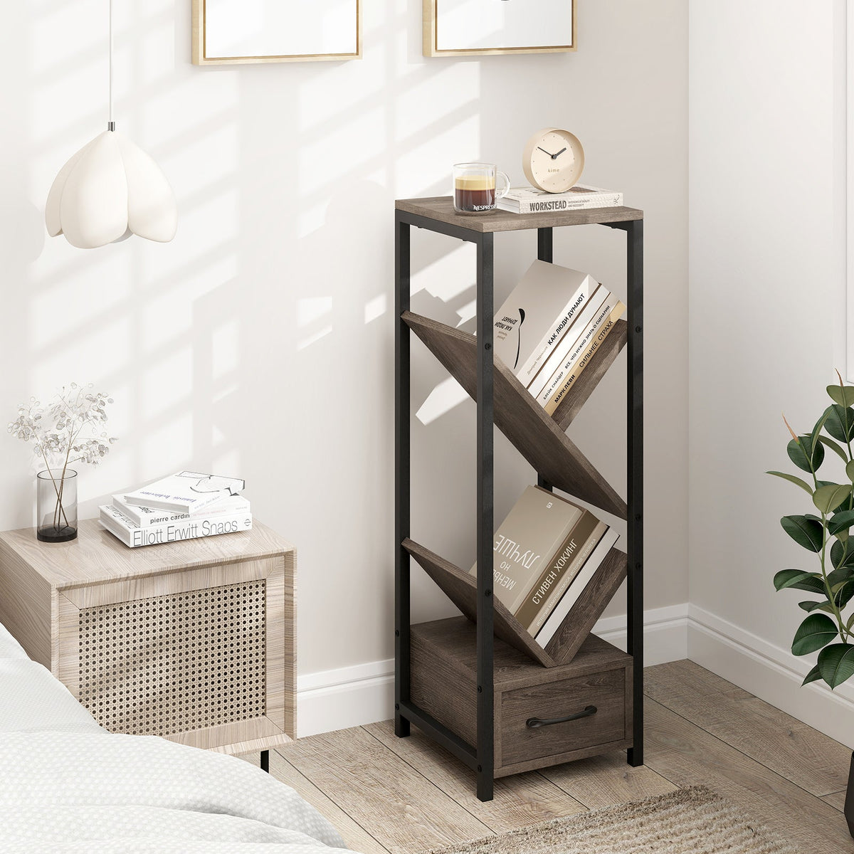 4 Tier Floor Tree Bookshelf with Drawer and Metal Frame-Gray