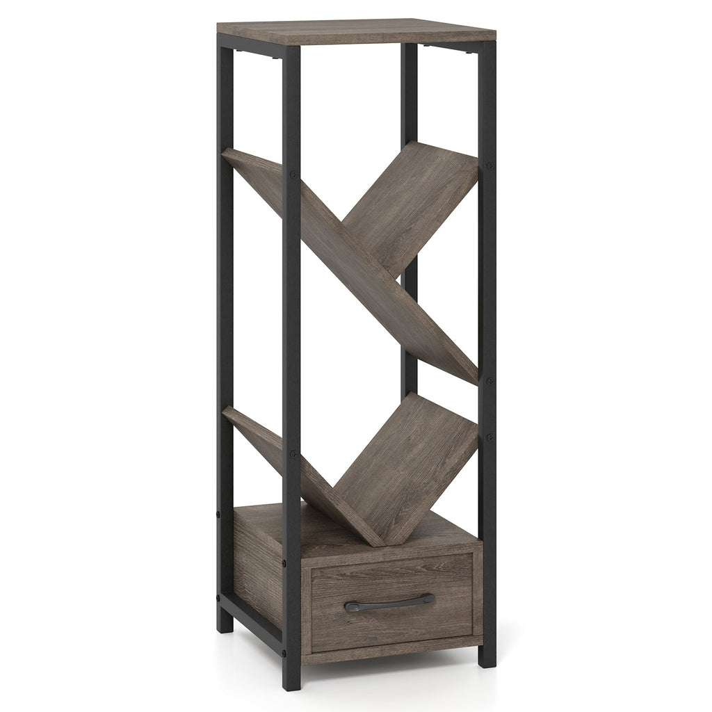 4 Tier Floor Tree Bookshelf with Drawer and Metal Frame-Gray