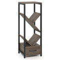 4 Tier Floor Tree Bookshelf with Drawer and Metal Frame-Gray