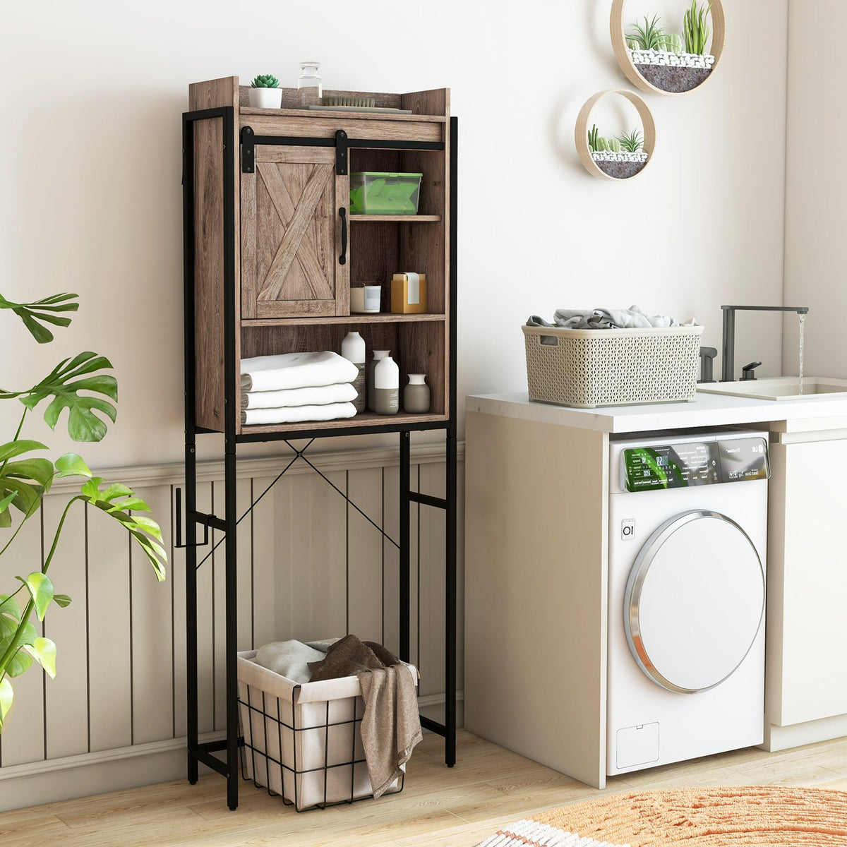 4-Tier Multifunctional Toilet Sorage Cabinet with Adjustable Shelf and Sliding Barn Door