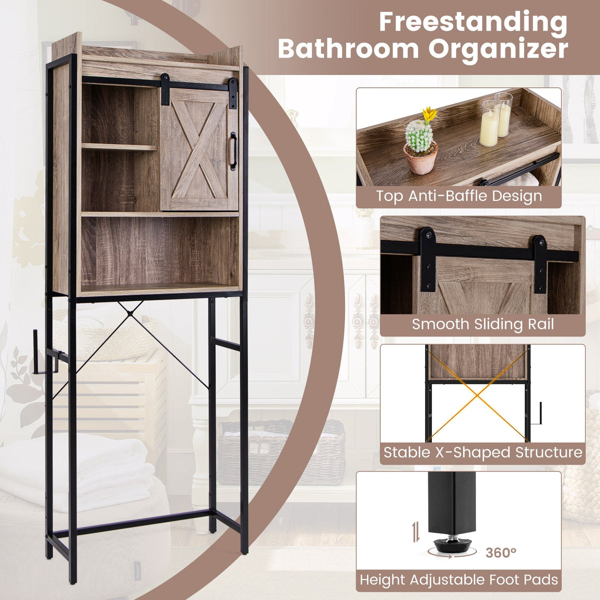 4-Tier Multifunctional Toilet Sorage Cabinet with Adjustable Shelf and Sliding Barn Door