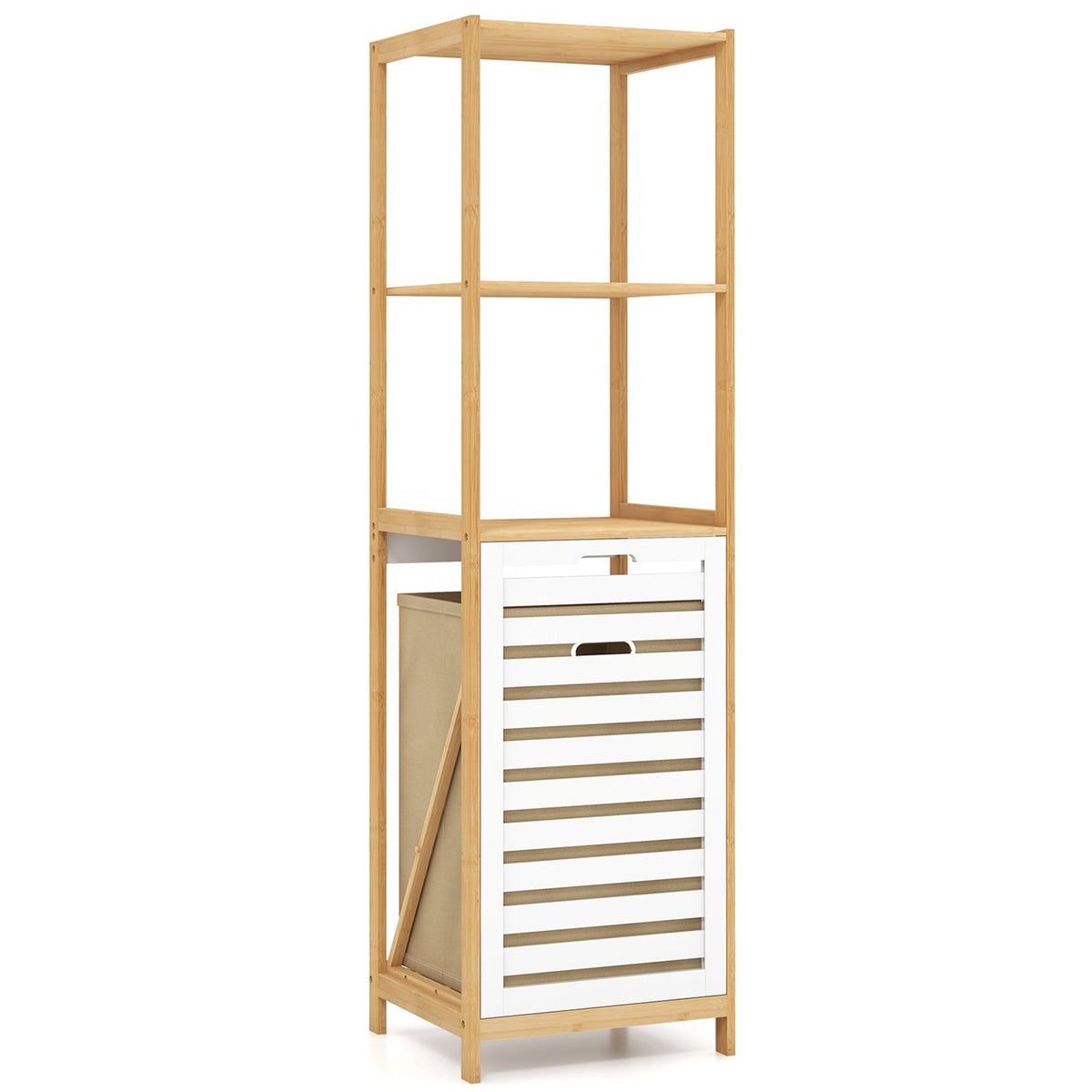 3-Tier Tilt-Out Laundry Hamper with Storage Shelves for Laundry Room-Natural and White