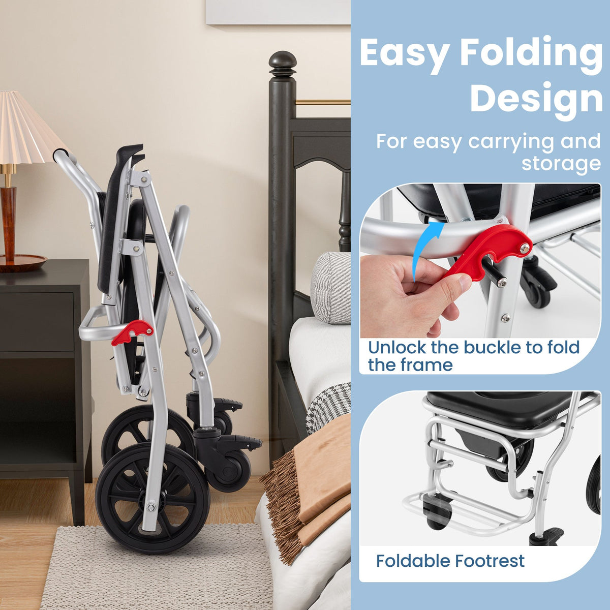 4-in-1 Foldable Bedside Commode Chair with Brakes and Bucket and Footrest