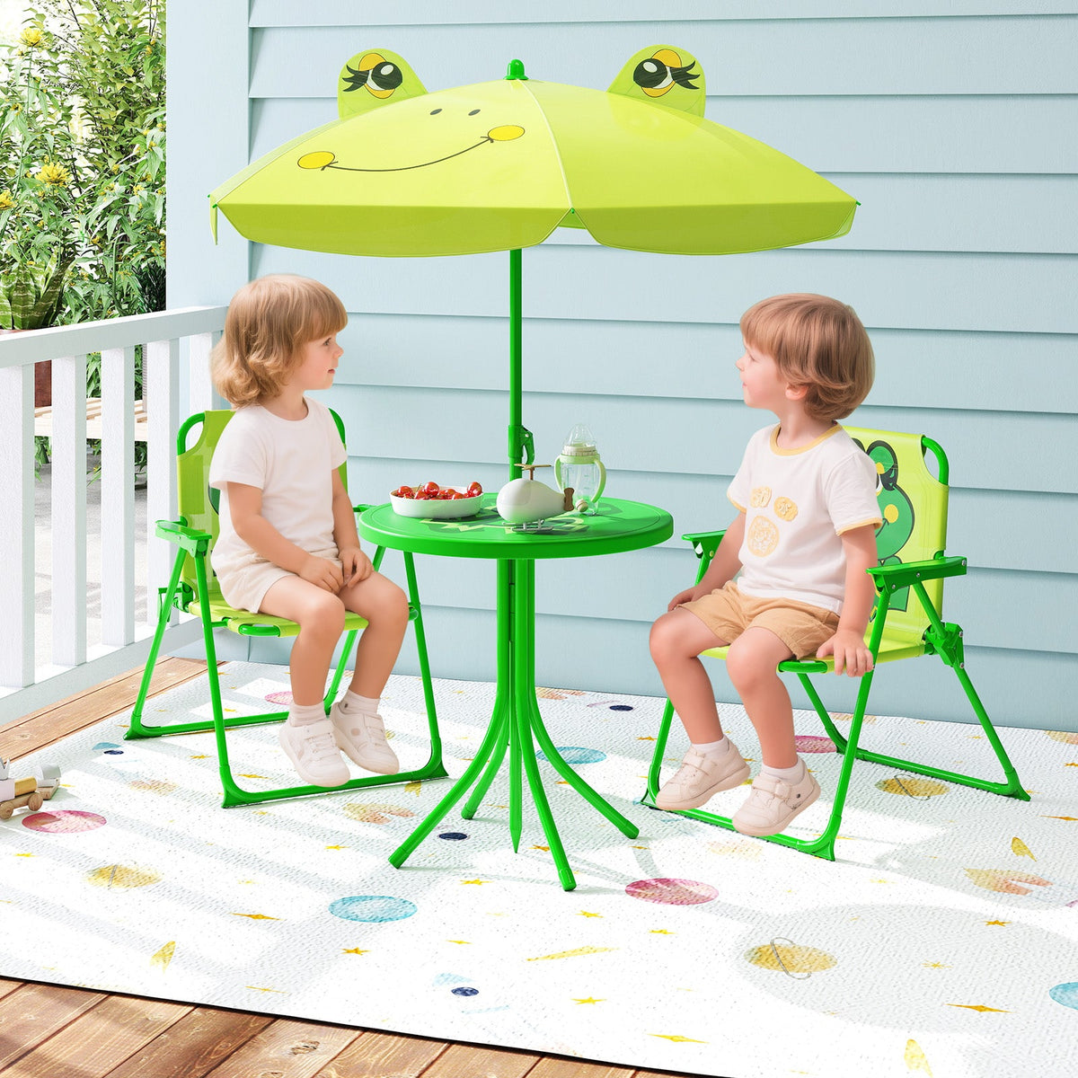 4 Pieces Kids Picnic Set with 2 Folding Chairs and Height Adjustable Umbrella