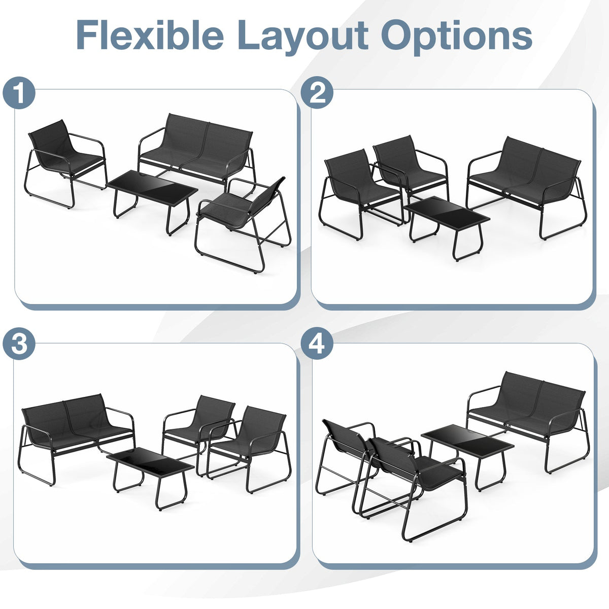 4 Pieces Patio Furniture Set Fabric Lawn Chairs and Loveseat with Glass Coffee Table