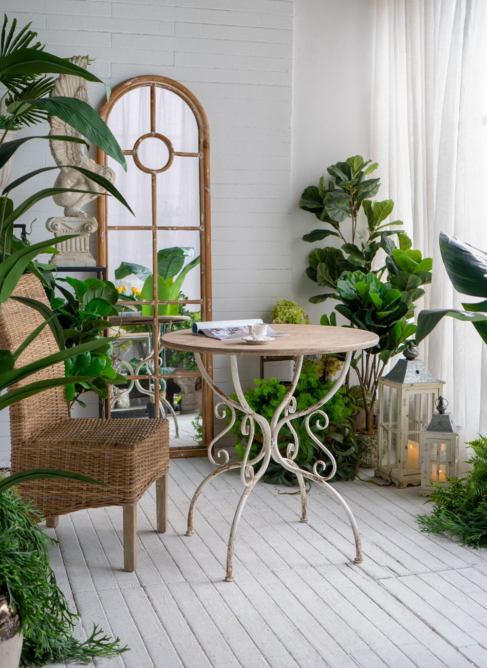 Round Wooden Table With Metal Scrollwork Legs - White Washed