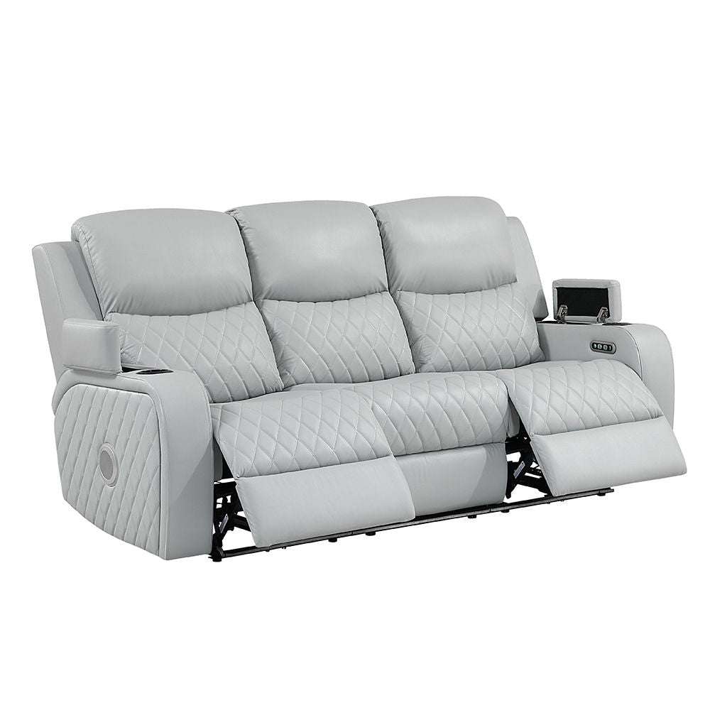 Elonzo - Power Motion Sofa With LED, Power Headrest & Speaker - Light Gray