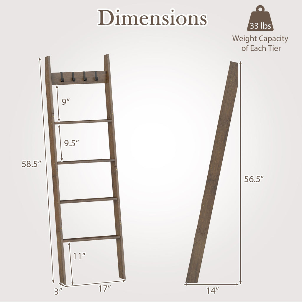 5-Tier Bamboo Ladder Bookshelf with 4 Removable Hooks-Brown
