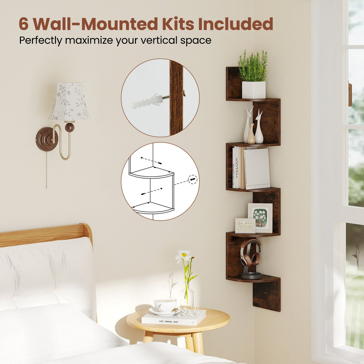 5-Tier Corner Shelf Floating Bookshelf Wall Mounted Storage Organizer