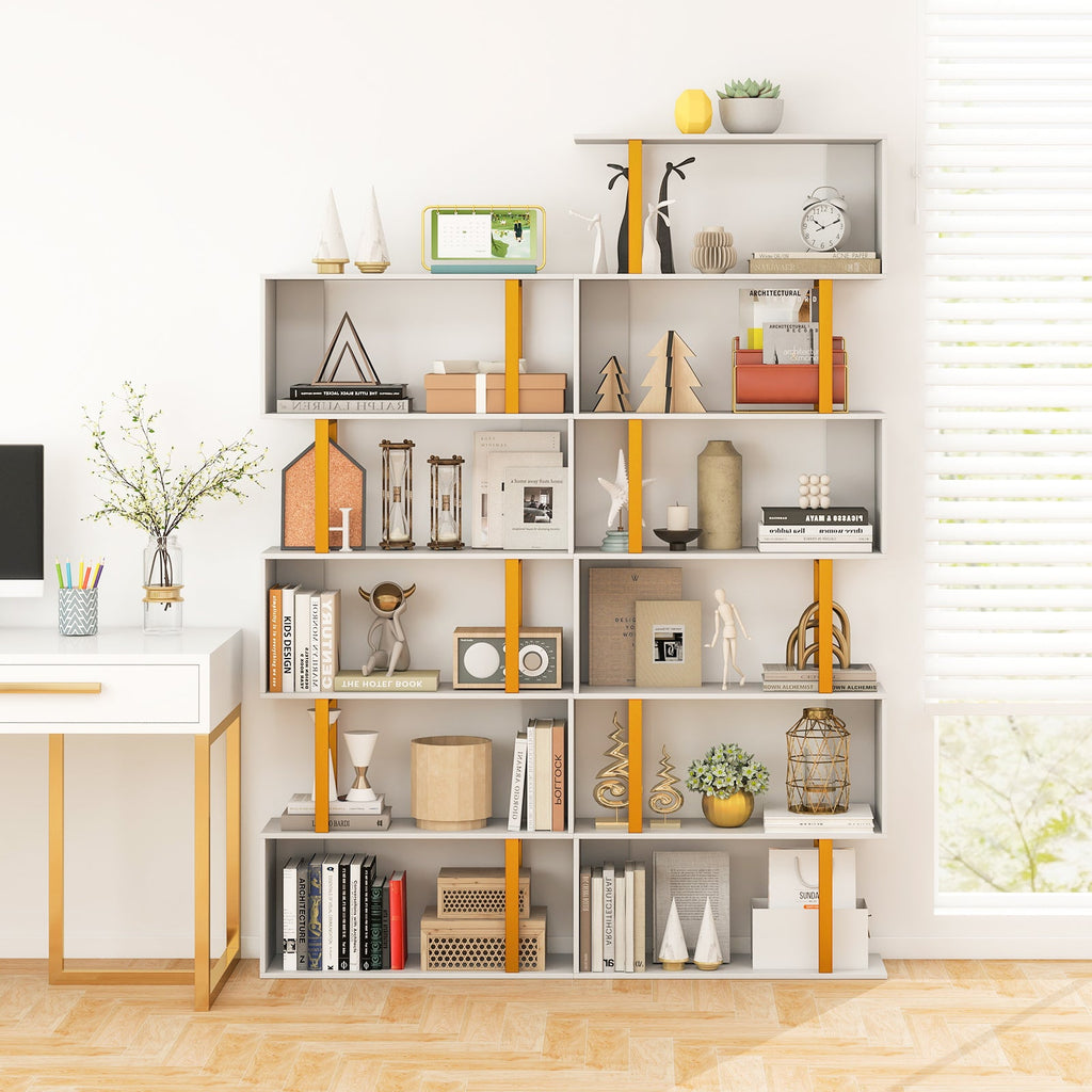 5-Tier/6-Tier Geometric Bookcase with Metal Frame and Anti-tipping Kits
