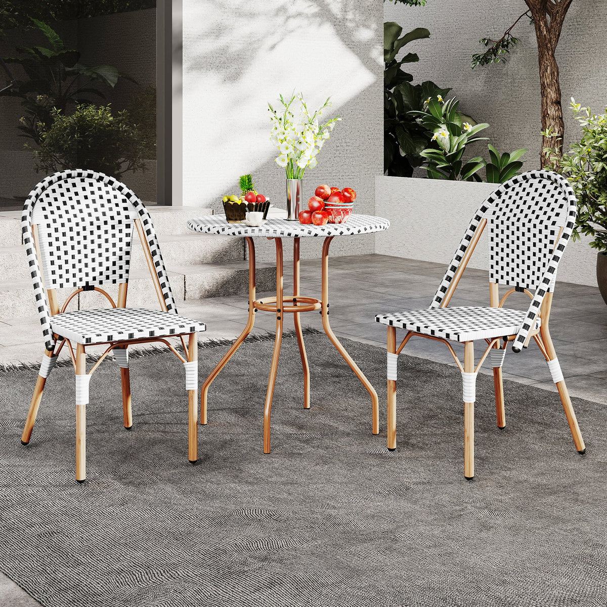 3 Piece French Bistro Table Chair Set with Outdoor Wicker Round Table and 2 Dining Chairs