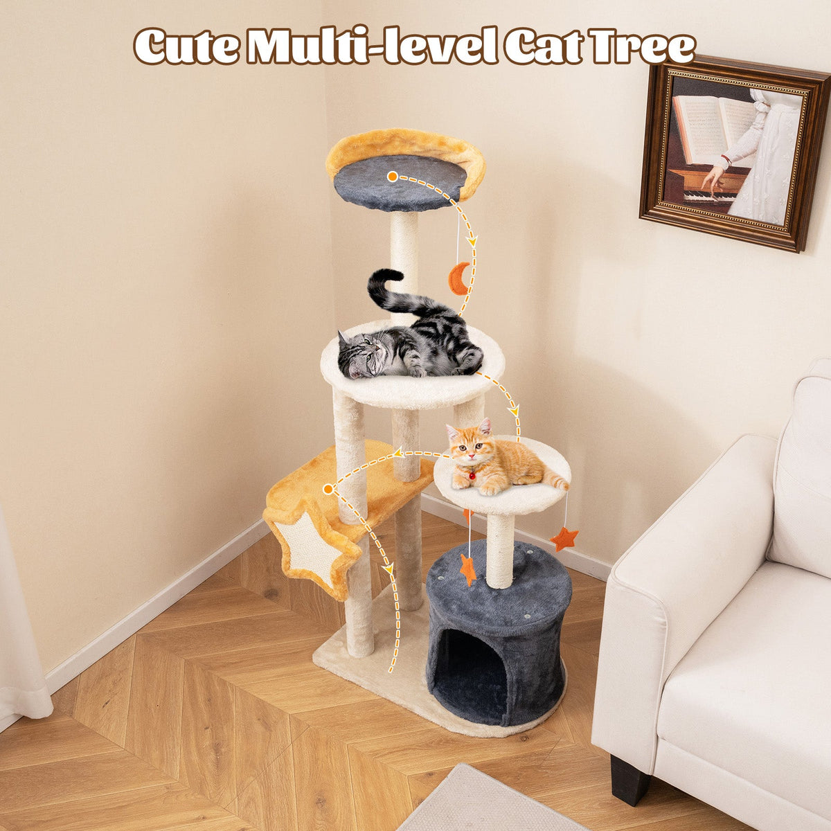 50 Inches Cute Cat Tree for Indoor Cats with Sisal Scratching Posts and Board