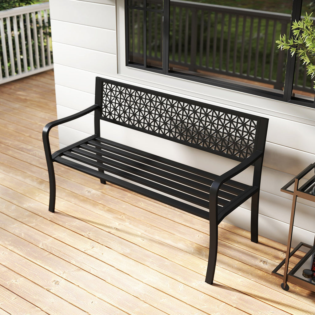 50 Inch Garden Bench with Patterned Backrest and Curved Armrests for 2-3 Person-Black