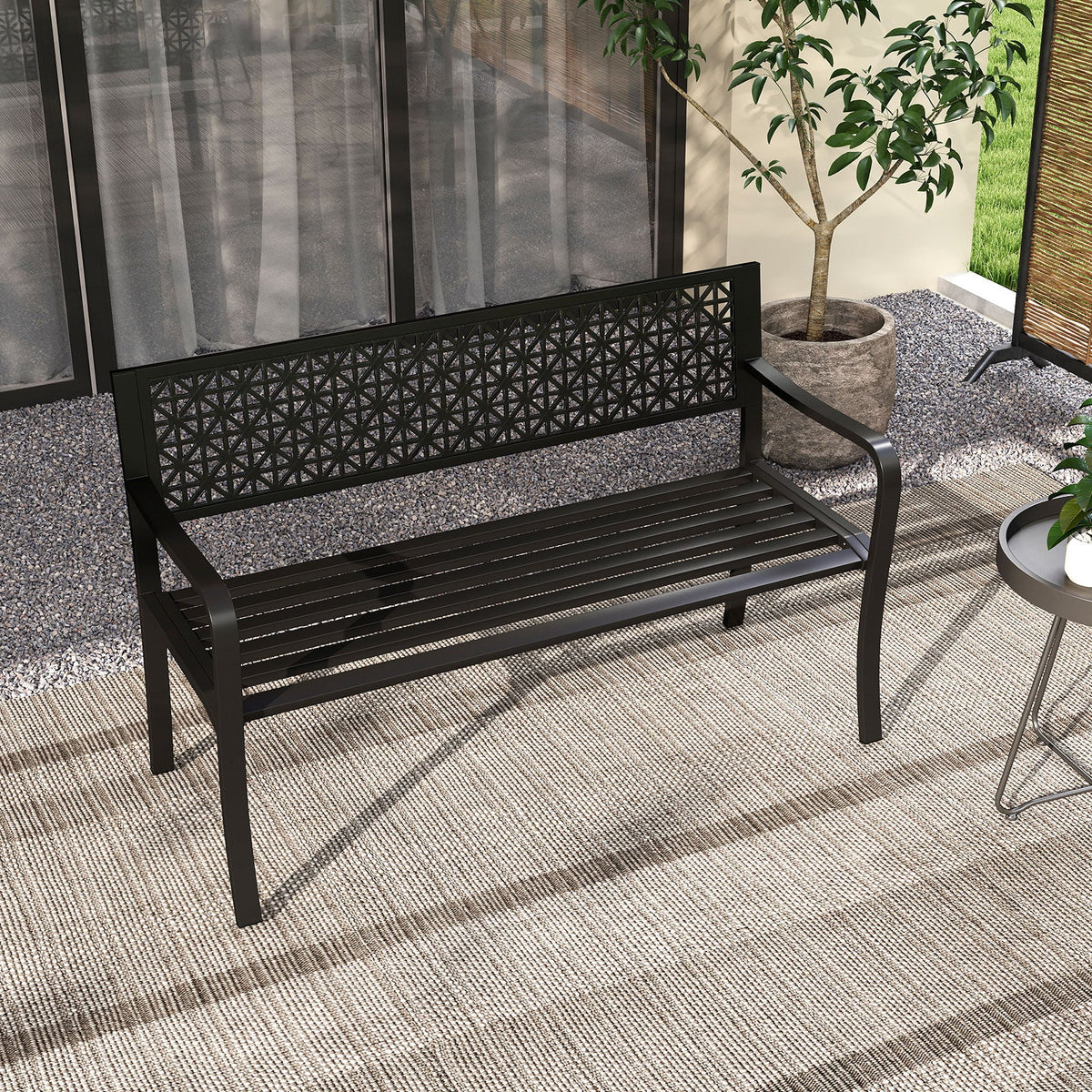 50 Inch Garden Bench with Patterned Backrest and Curved Armrests for 2-3 Person-Black