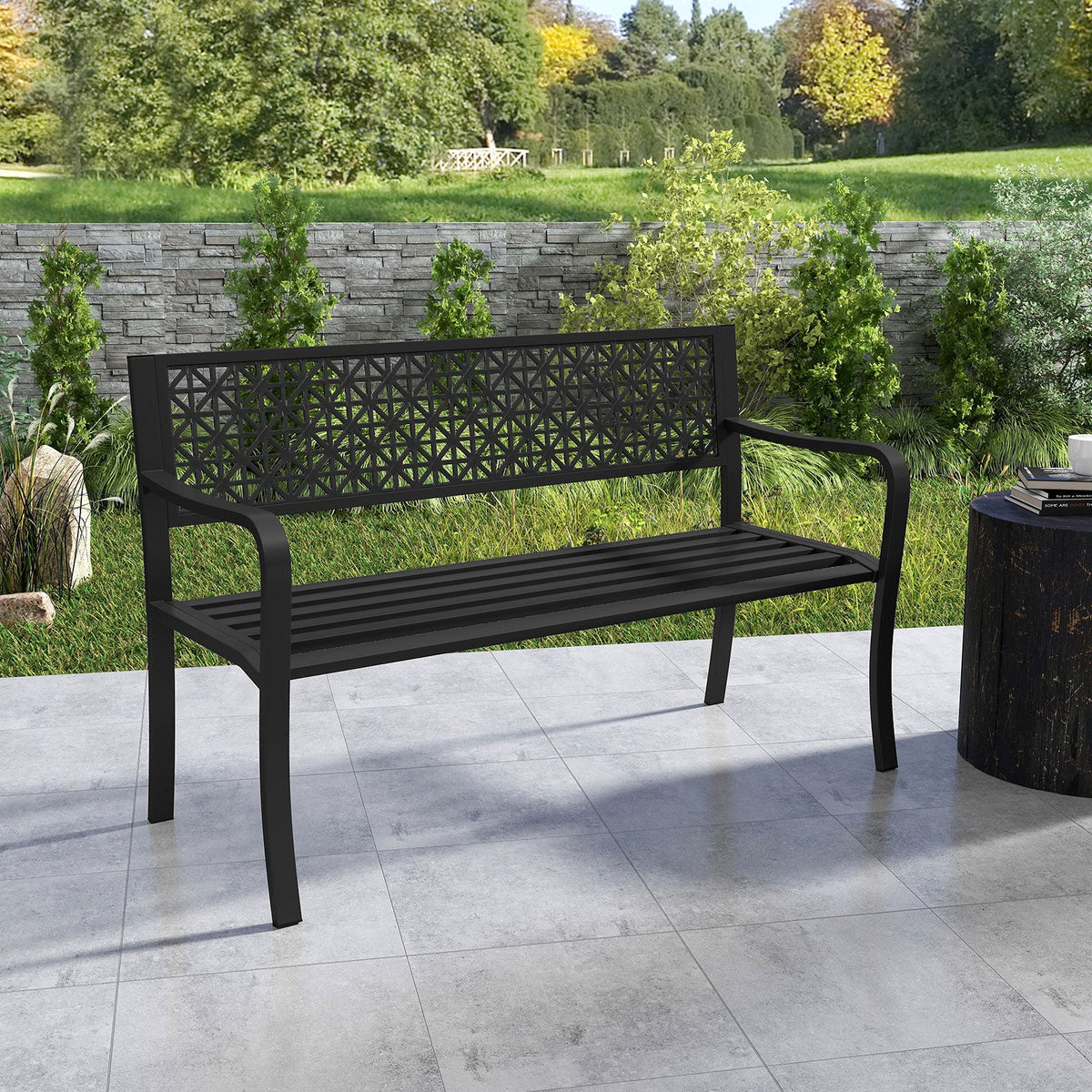 50 Inch Garden Bench with Patterned Backrest and Curved Armrests for 2-3 Person-Black