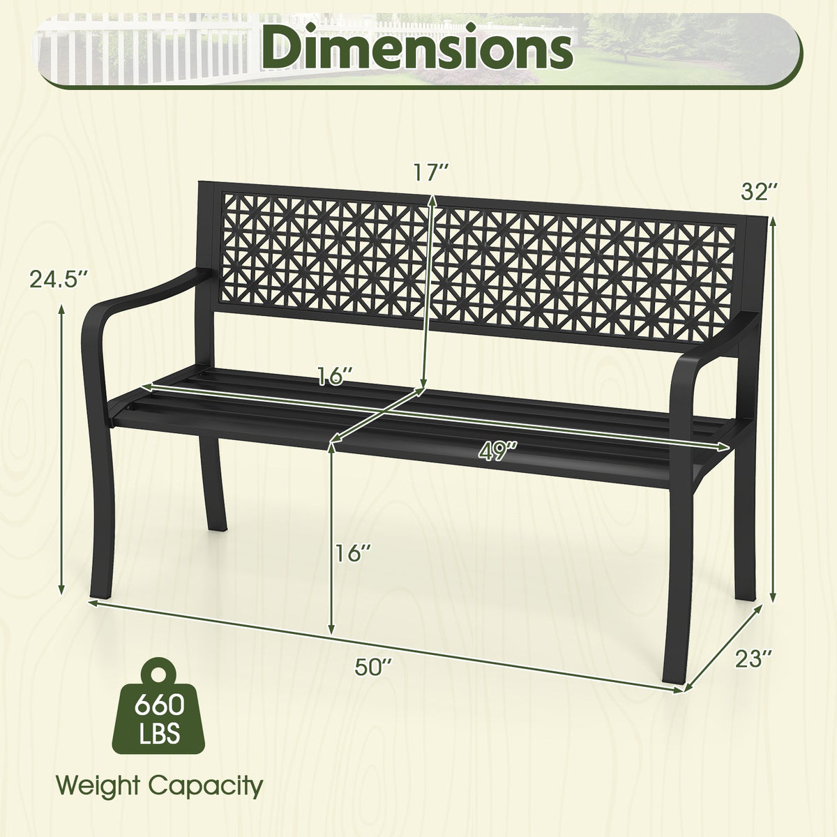 50 Inch Garden Bench with Patterned Backrest and Curved Armrests for 2-3 Person-Black
