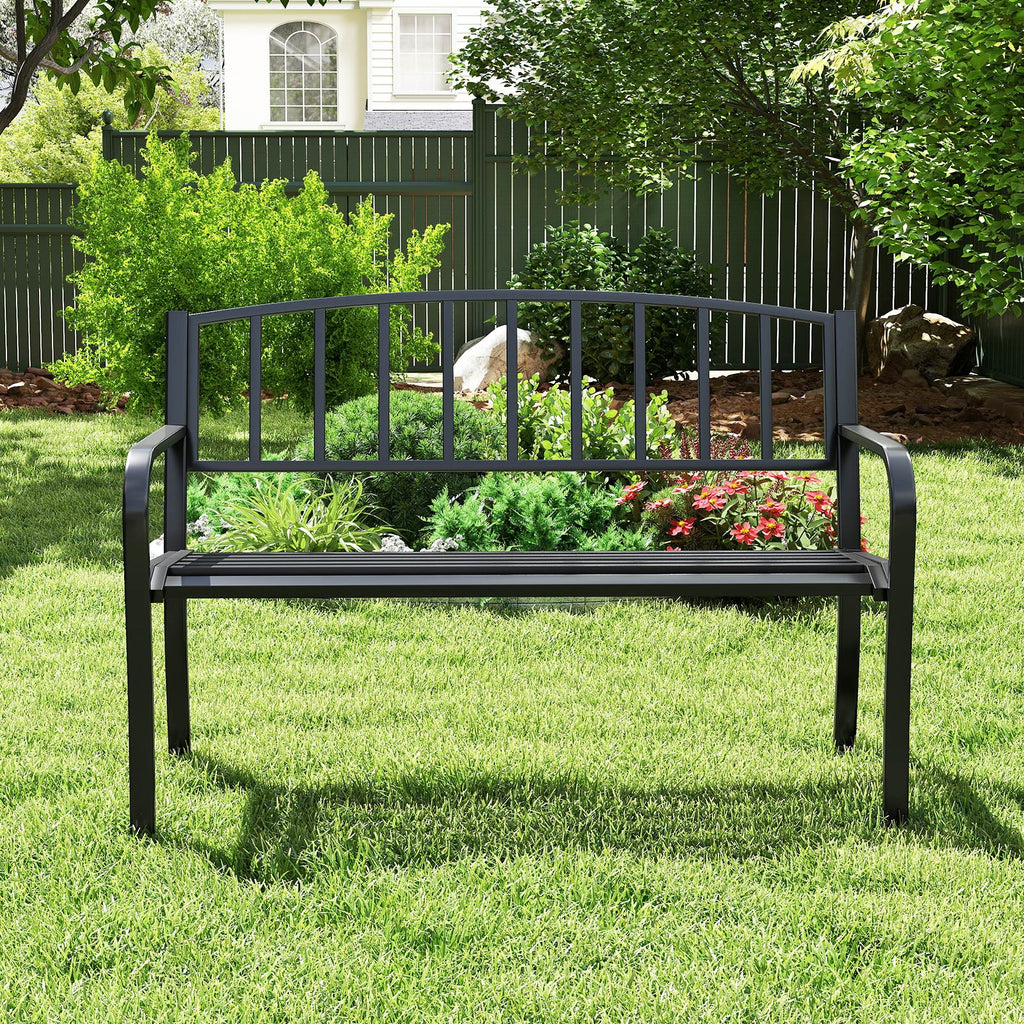 50 Inches Outdoor Garden Bench with Slatted Backrest and Curved Armrests-Black