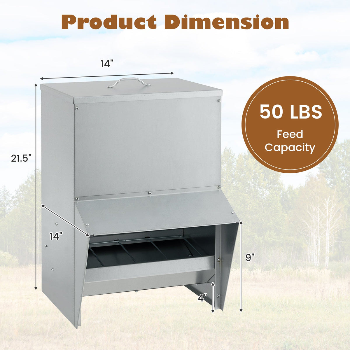Wall Mount Galvanized Chicken Feeder 50 Pounds Capacity-Silver