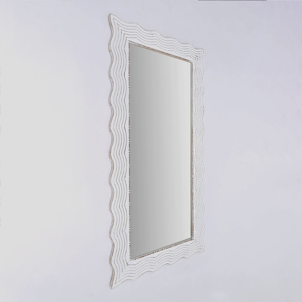 Handcarved Wave Design Rectangle Mirror Accent Enhancing Space - Antique White