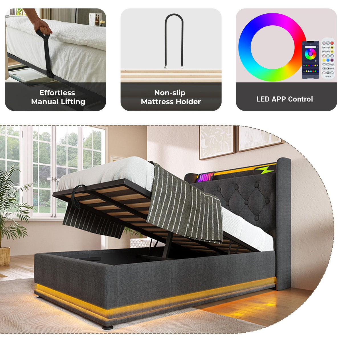 Upholstered Bed, 360 Surround LED Function, Remote Control, Hydraulic Storage Bed With USB, Type-C Charging (Without Mattress)