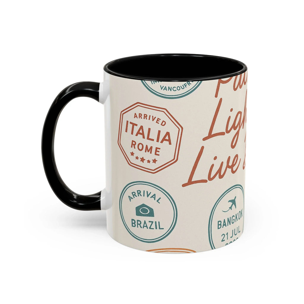 Pack Light, Live Big – Wanderlust Mug with Passport Stamp Collection