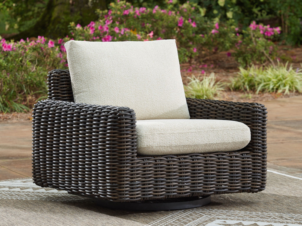 Kimora - 4 Pc. - 4-Piece Outdoor Sectional, Swivel Glider Lounge, Cocktail Table, End Table - Beige / Dark Brown
