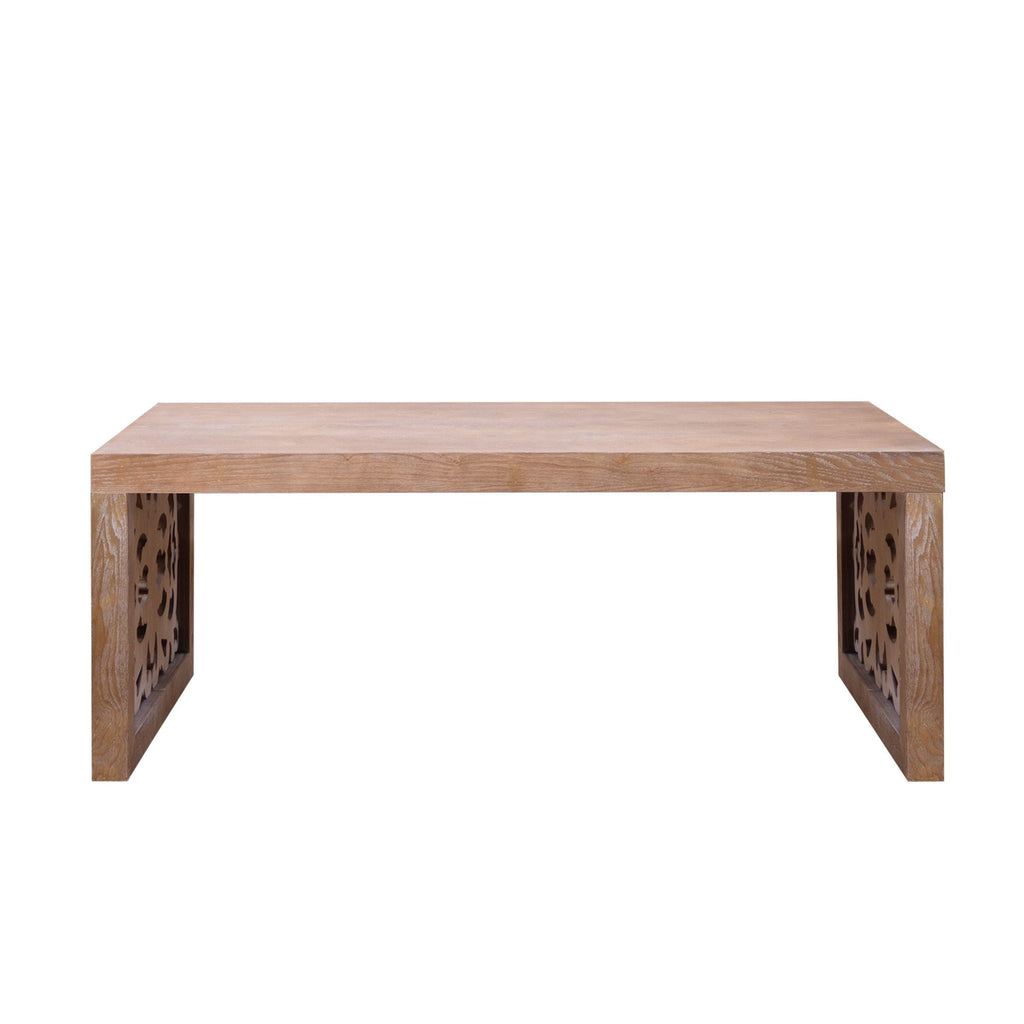 Rustic Carved Wood Coffee Table, Handcrafted Look With Ornate Side Panels