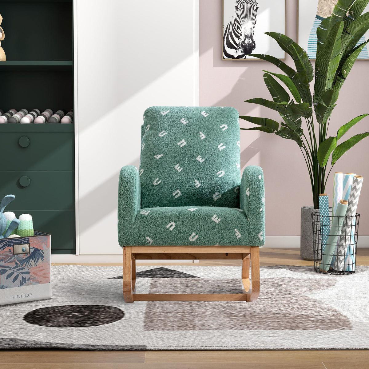 Modern Accent Rocker Armchair With Side Pocket, Upholstered High Back