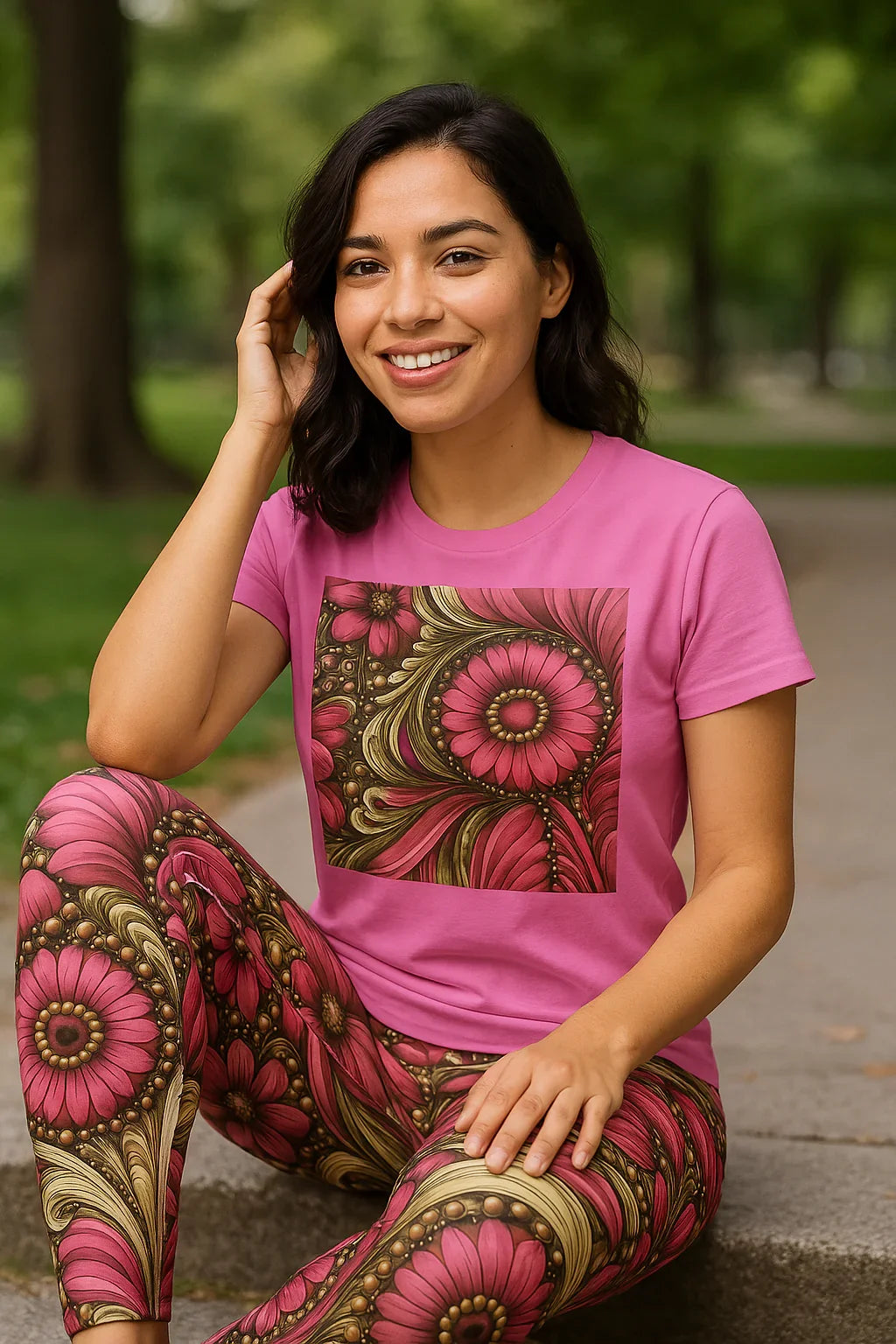 Women's Tee with Matching Flower Design