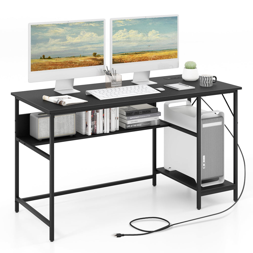 55 Inch Computer Desk with 4 Power Outlets and CPU Stand