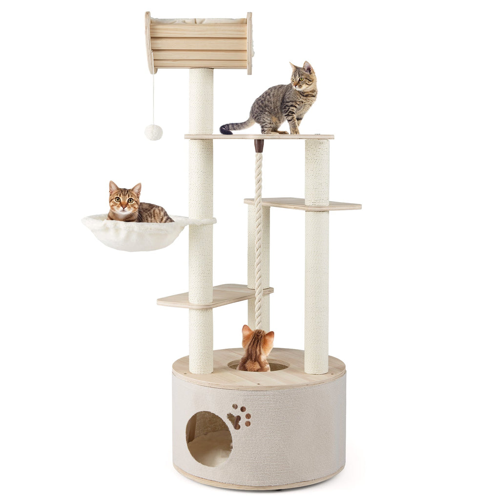 55.5 Inches Tall Wooden Cat Tree with Washable Plush Cushions for Indoor Cats