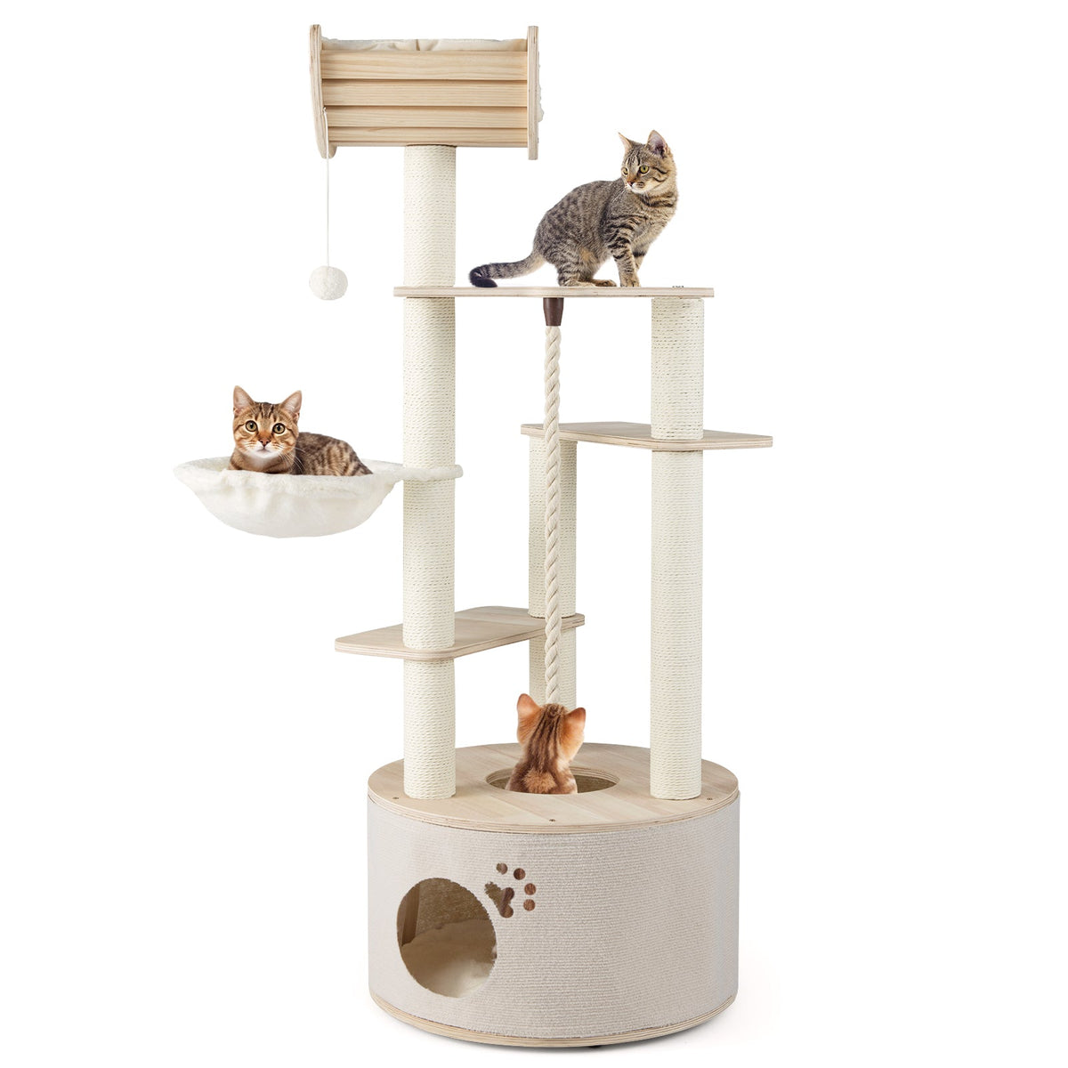 55.5 Inches Tall Wooden Cat Tree with Washable Plush Cushions for Indoor Cats