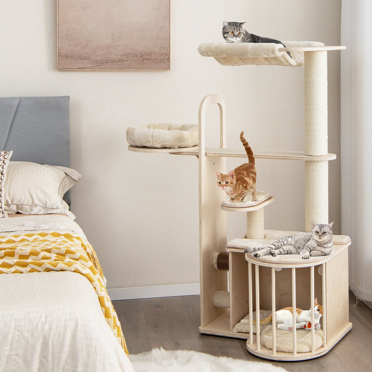 55 Inch Tall Multi-Level Cat Tree with Washable Removable Cushions-Natural