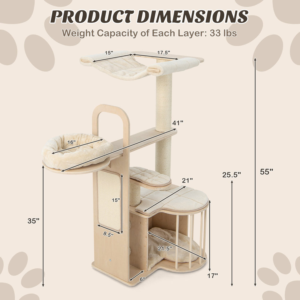 55 Inch Tall Multi-Level Cat Tree with Washable Removable Cushions-Natural