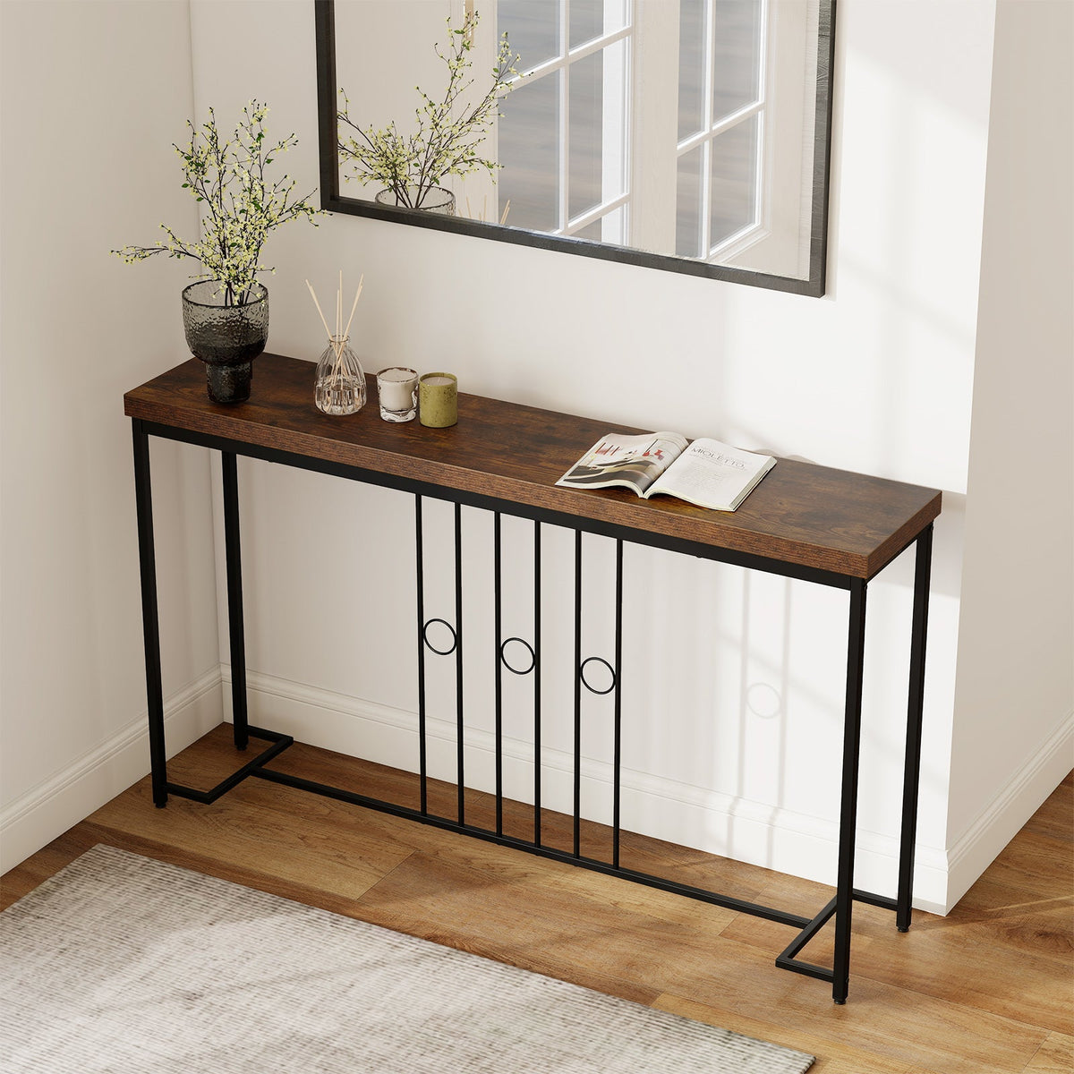 55" Industrial Console Table with H-Shaped Base-Brown