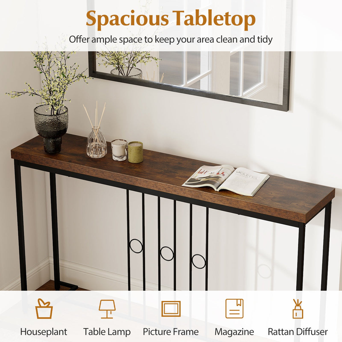 55" Industrial Console Table with H-Shaped Base-Brown